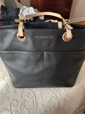 MICHAEL KORS Black Pebbled Leather Tote with Tan Handles